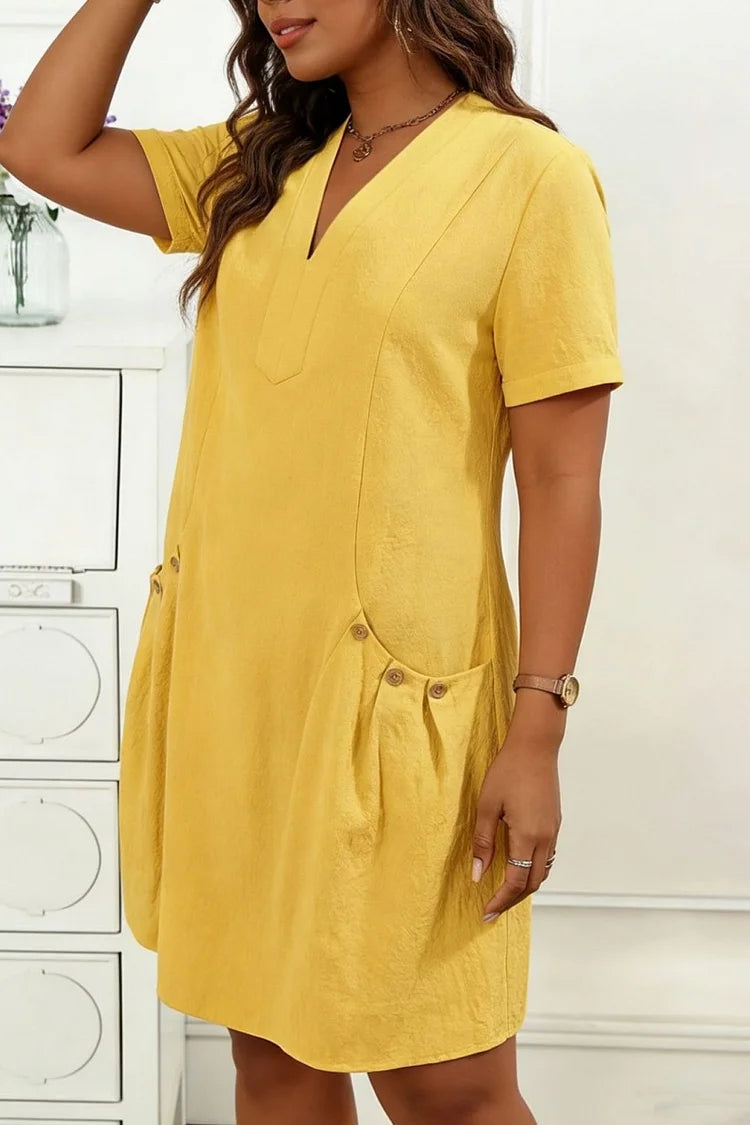 Solid colour V-neck midi dress in yellow, full-length model view | Alba Muse