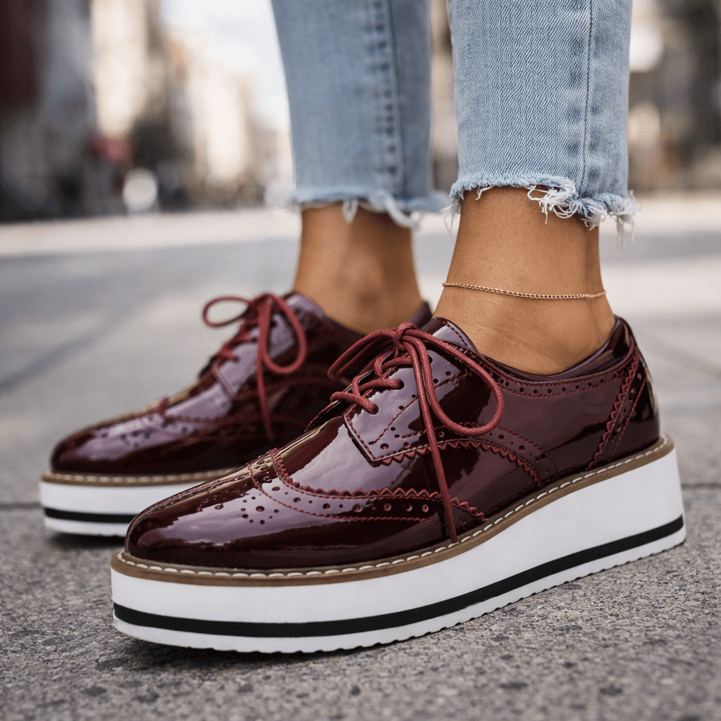 Wine Red Leather Brogue Platforms, front view