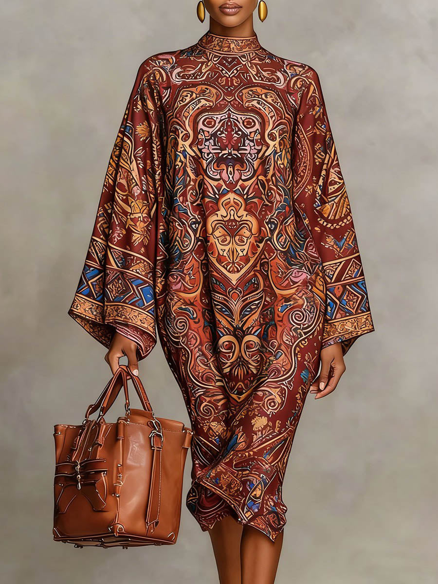 Red contrast-print long sleeve mock neck midi dress, front view, worn