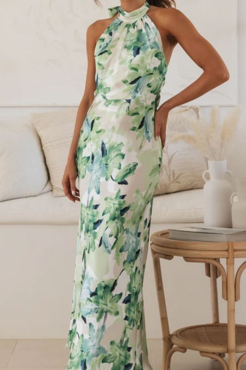Women's floral print halter neck maxi dress, third colourway side view