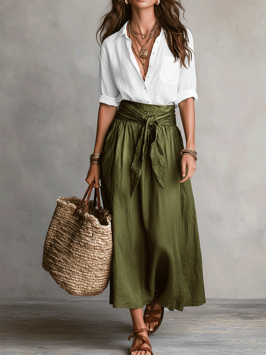 Boho skirt and top set in white, styled on model