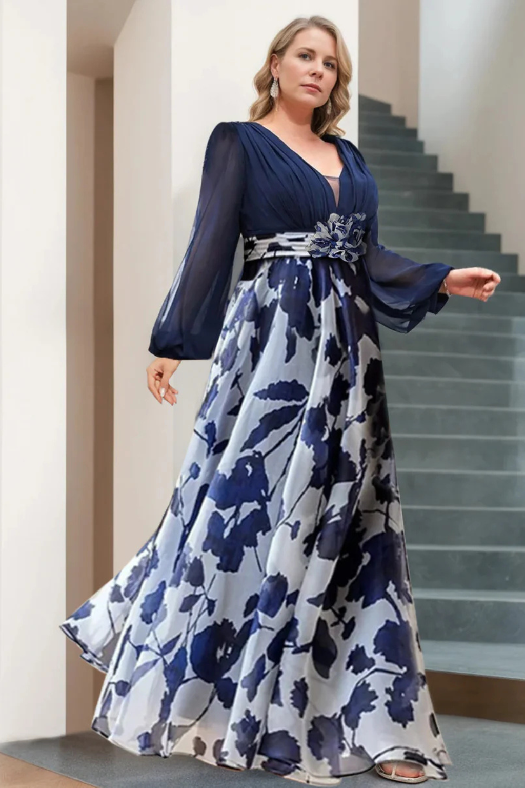 Close-up of balloon sleeve detail on women's floral maxi dress