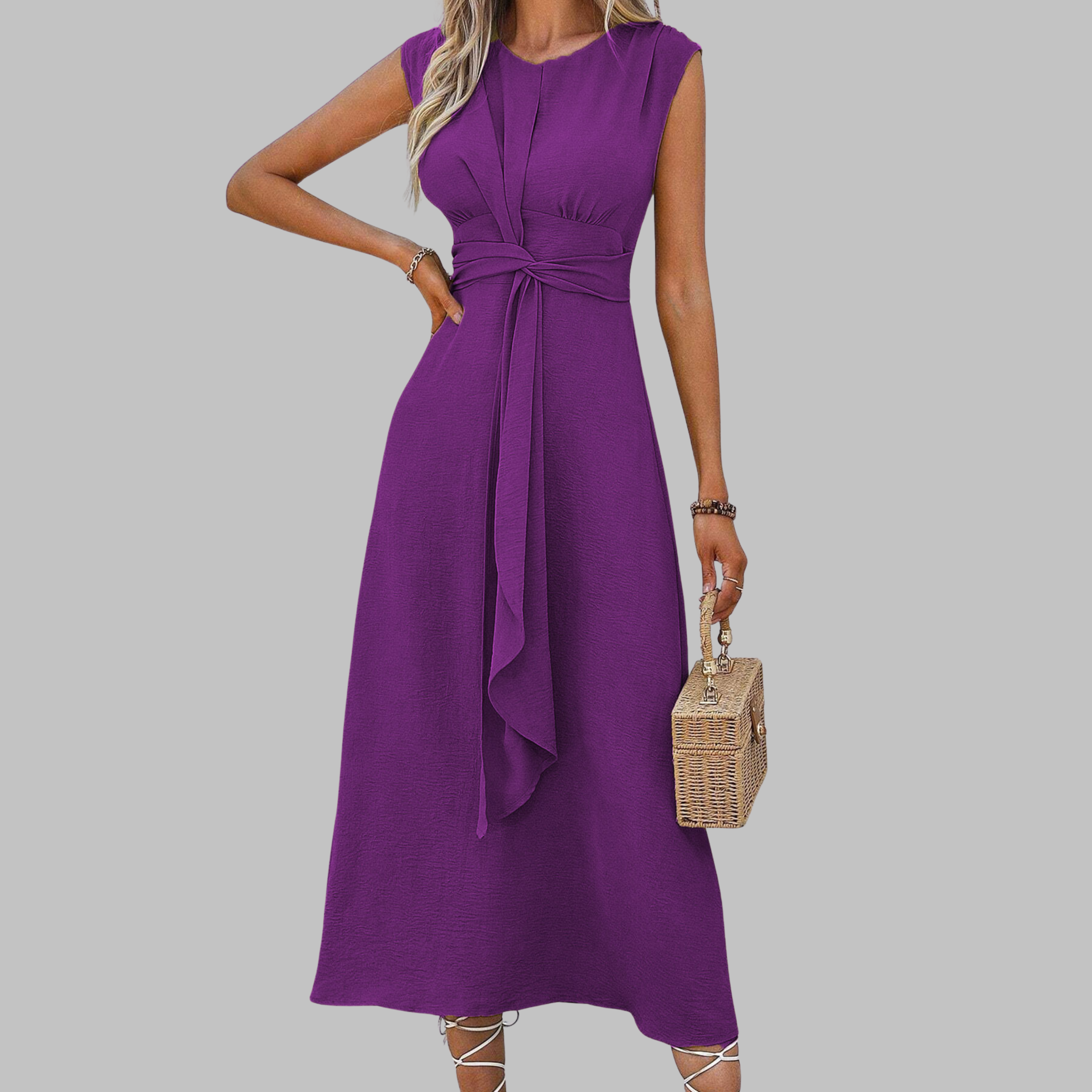 Sleeveless belted A-line midi dress colour view
