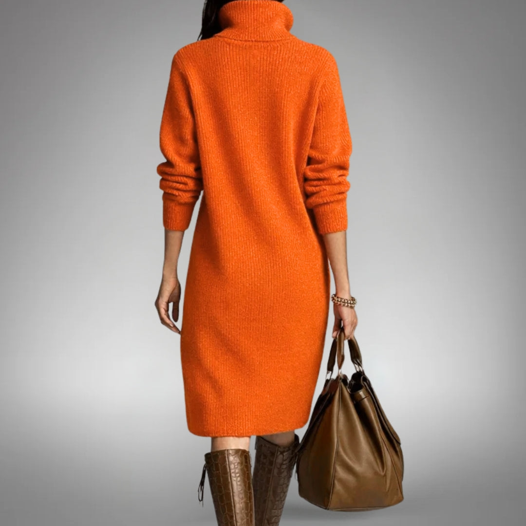 High Neck Button Collar Midi Dress