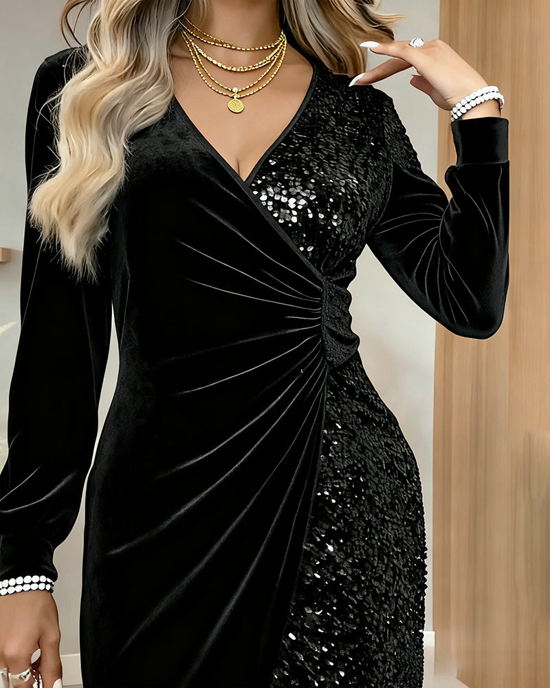 Red Velvet Sequin Long Sleeve Dress | Alba Muse