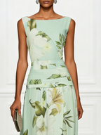Women's Floral Boat Neck Sleeveless Maxi Dress in sage green ruched waist - Elegant Wedding Guest Maxi Dress