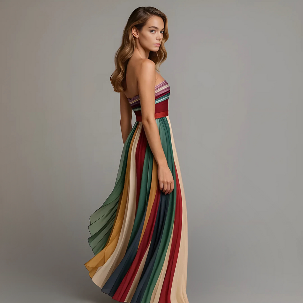 Women's colour-block striped pleated maxi dress – full length view