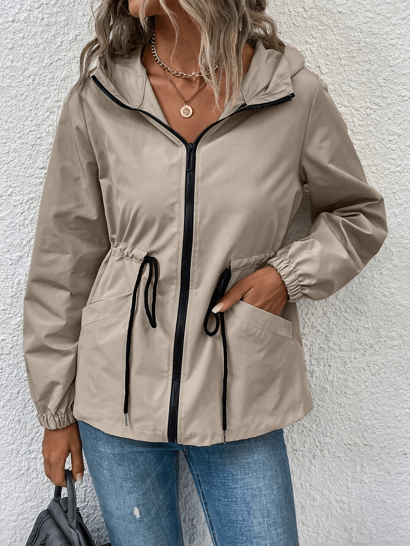 Khaki hooded drawstring-waist coat