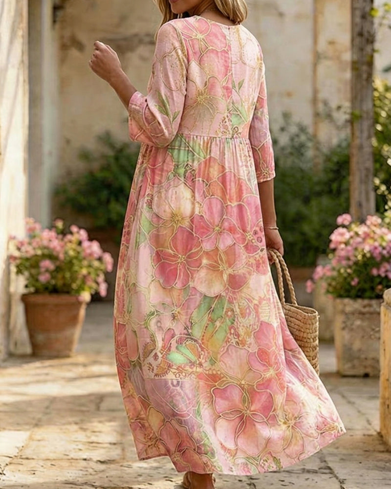 Pink watercolour floral maxi dress, back view
