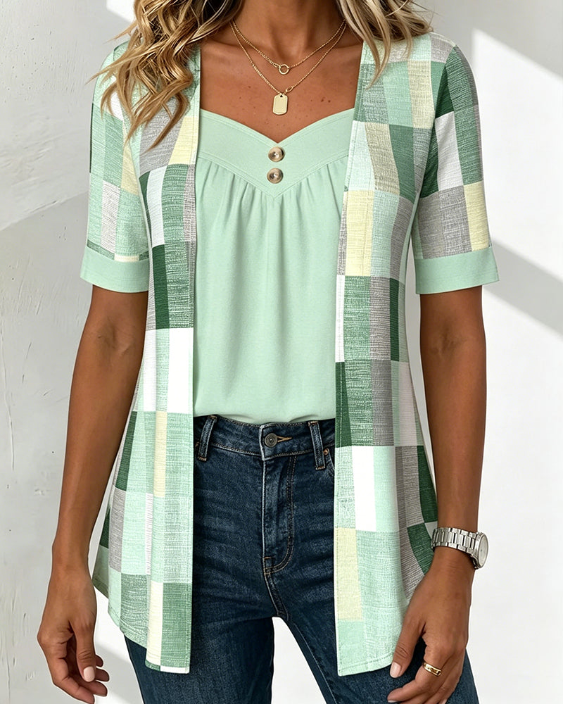 Geometric print faux two-piece V-neck top, front view