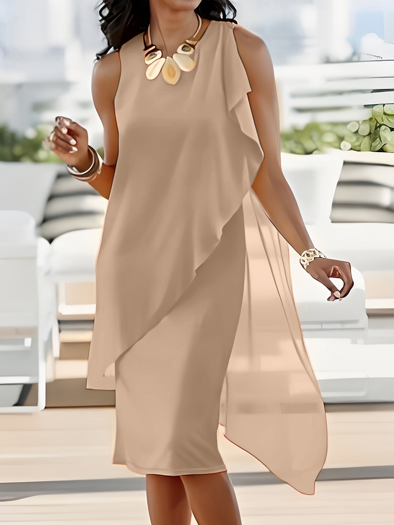 Sleeveless Chiffon Faux Two-Piece Dress in Black, front view