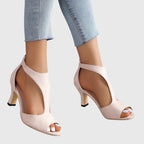 Side view of women's stable block heels with flexible upper