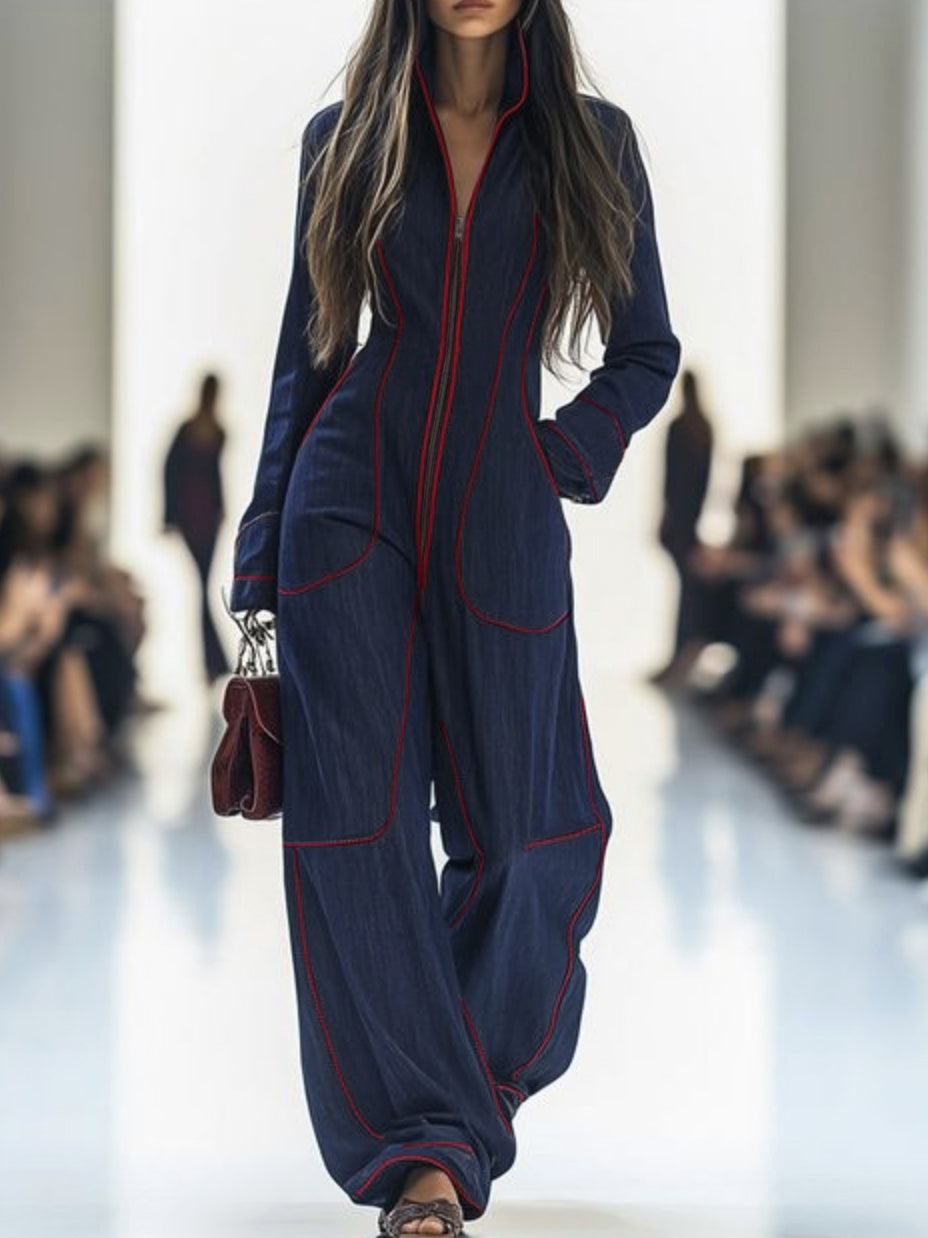 Denim Long Sleeve Jumpsuit with Stand Collar and Wide Leg
