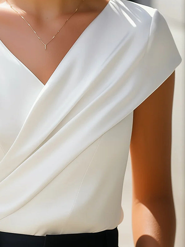 Asymmetric Pleated V-Neck Blouse