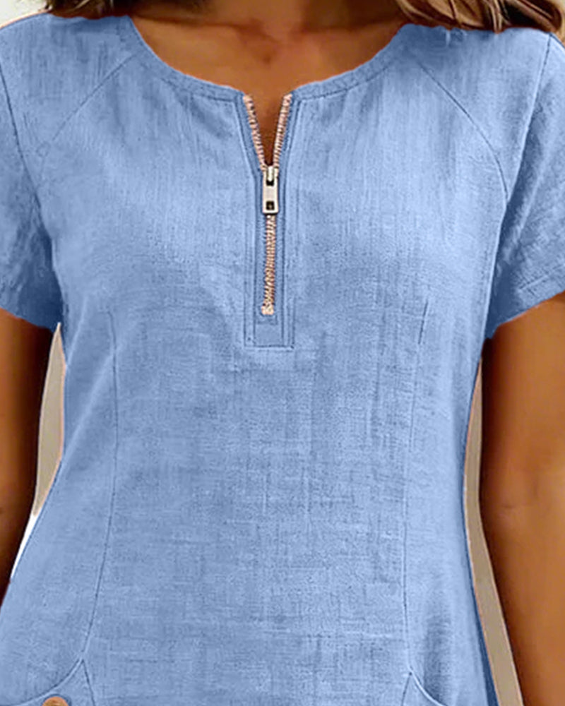 Round Neck Short Sleeve Pocket Zip Cotton Linen Dress
