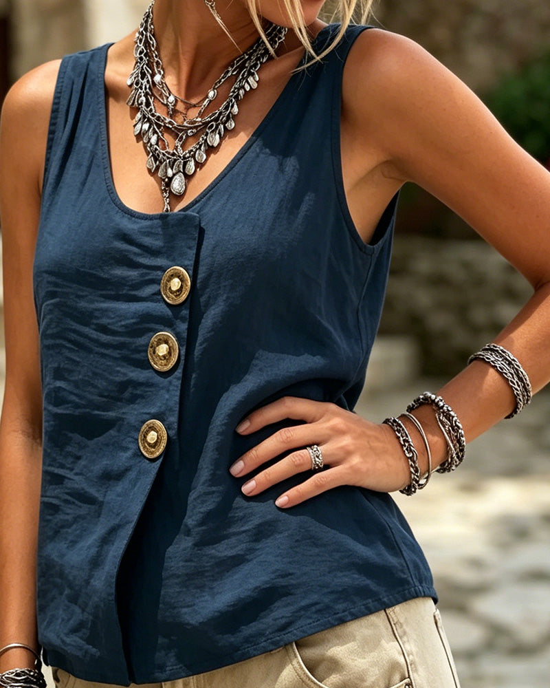 Solid colour button front vest top, side view