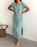Solid round neck short sleeve slit loose maxi dress in mint green, front view