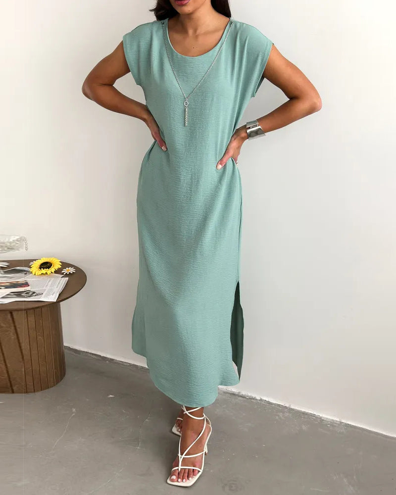 Solid round neck short sleeve slit loose maxi dress in mint green, front view