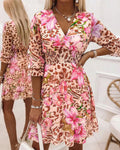 V-neck floral print waist cinching bubble sleeve dress in pink, front view