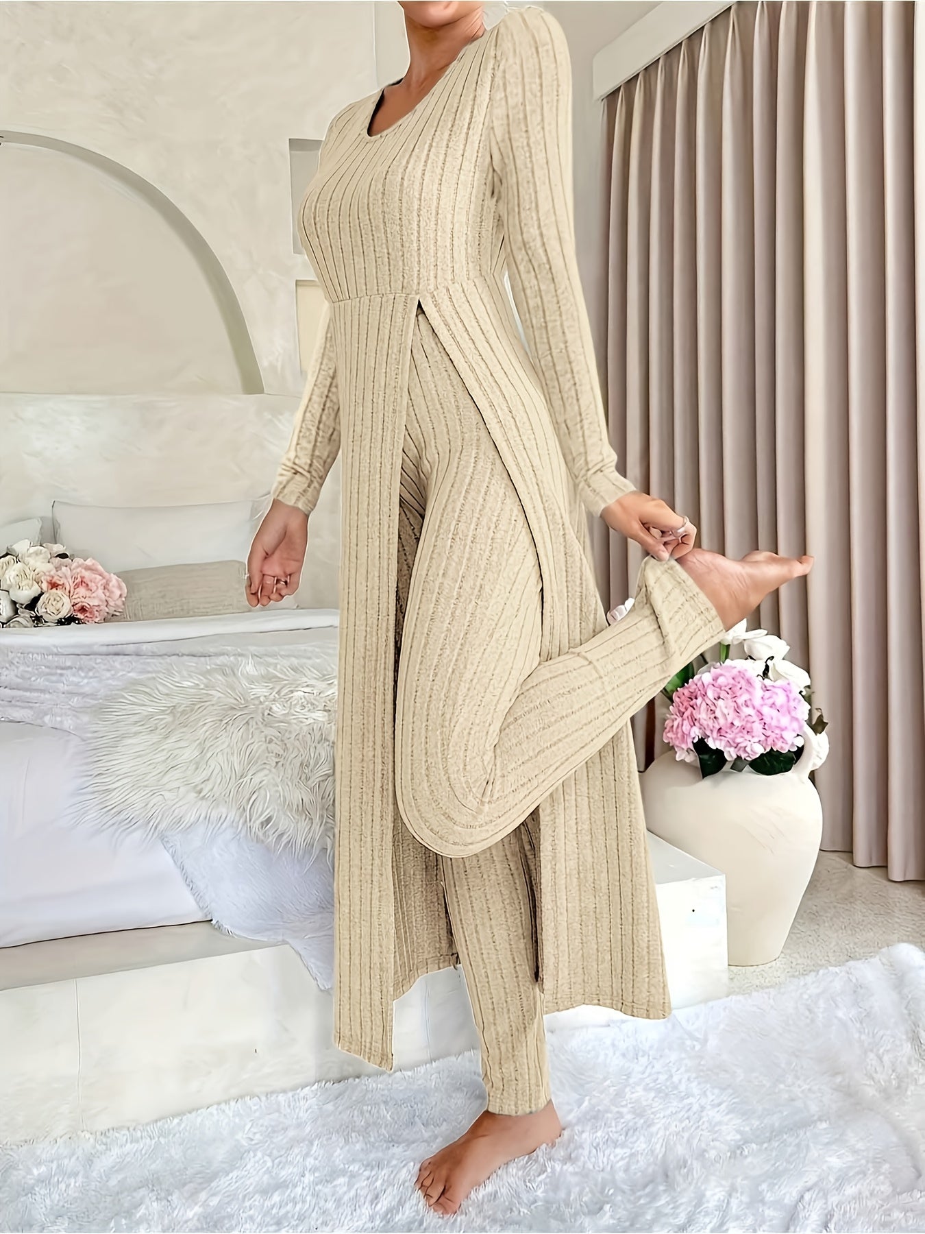 Grey ribbed long sleeve Loungewear Set