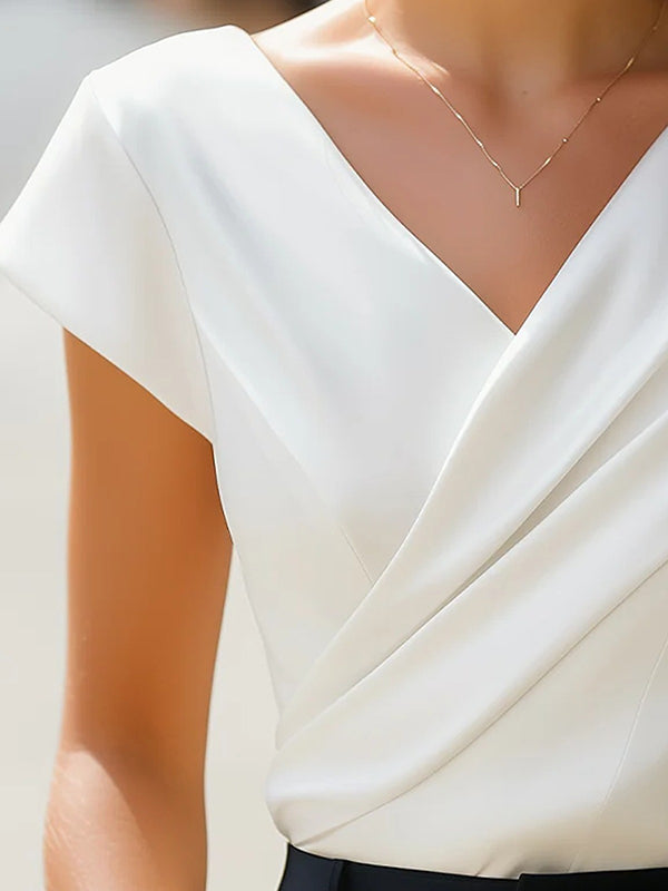 Asymmetric Pleated V-Neck Blouse