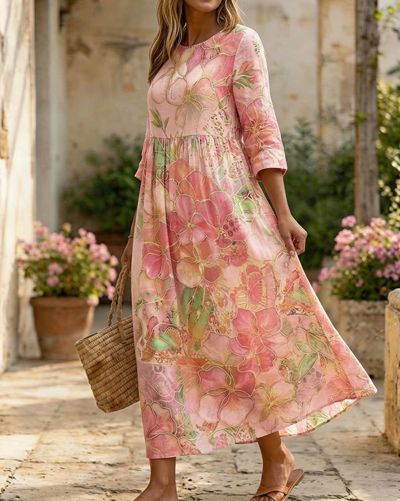 Three quarter sleeve watercolour floral maxi dress, side view