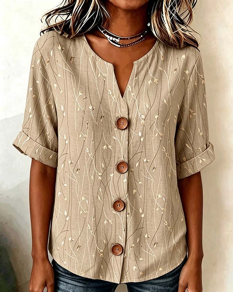 V-neck print button-front blouse, side view