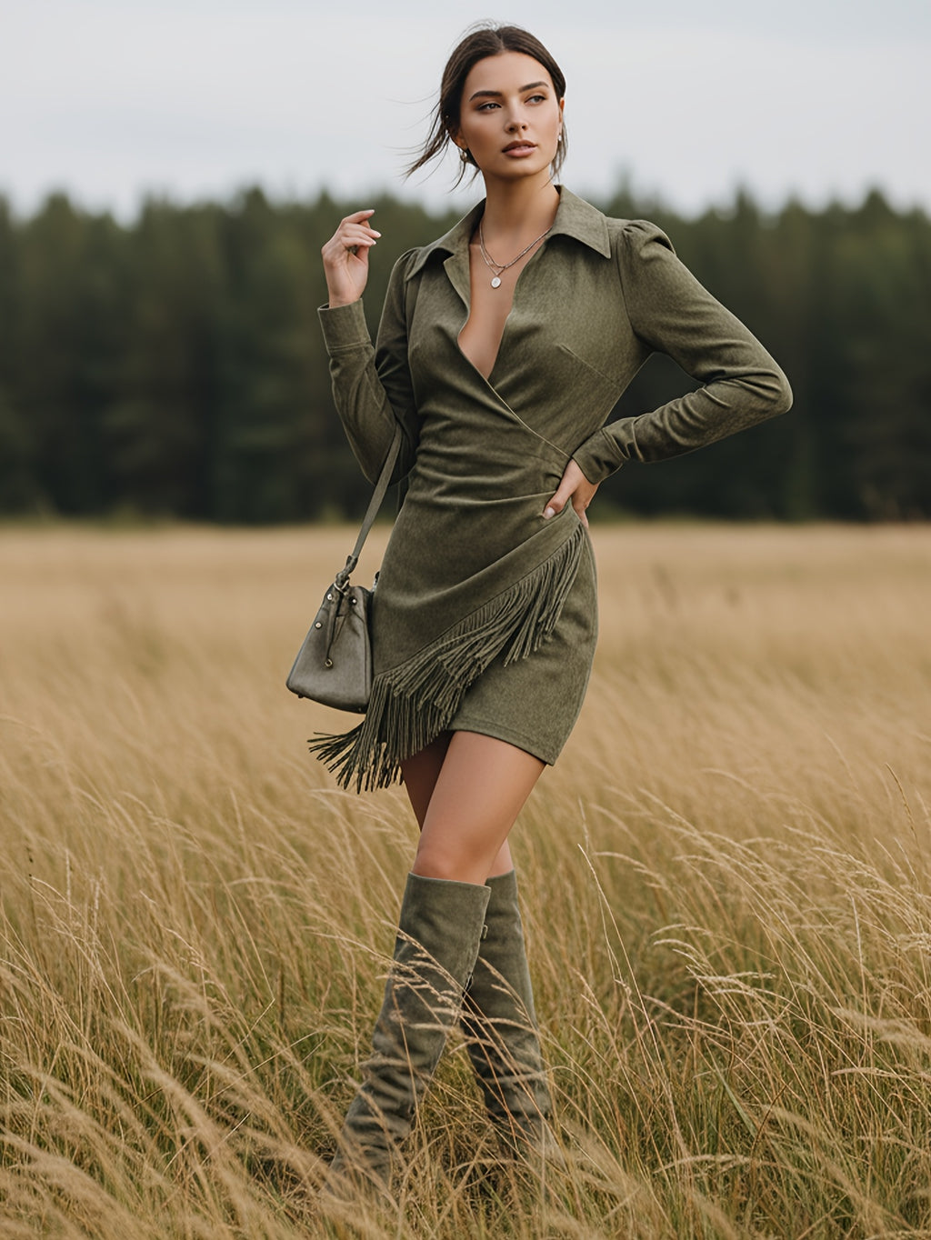 Fern Green Fringe Wrap Mini Dress