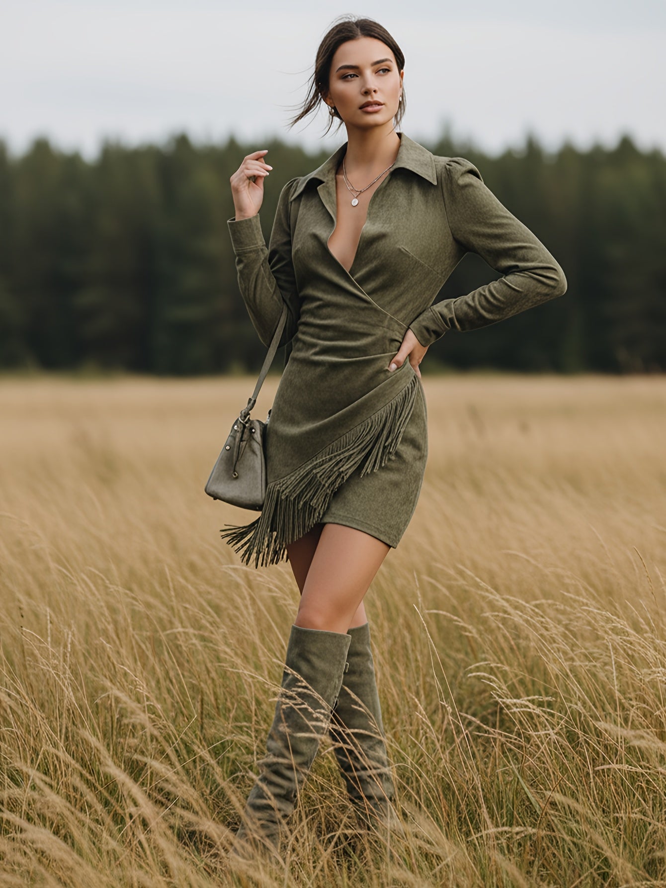 Fern Green Fringe Wrap Mini Dress