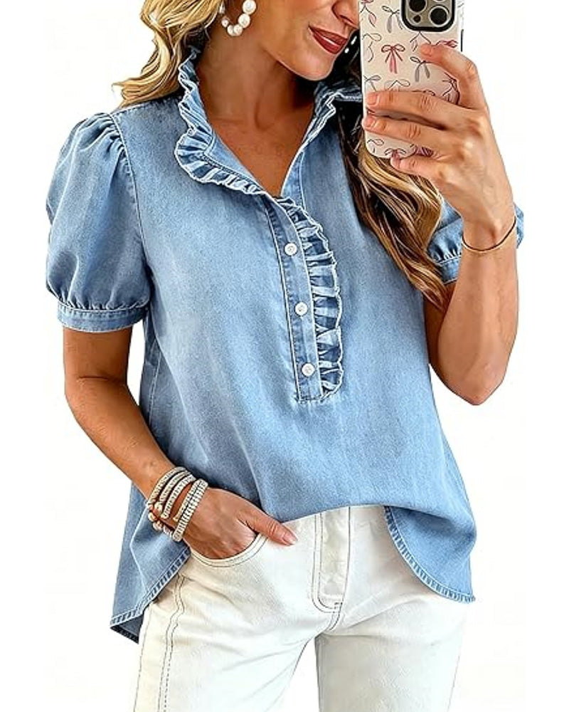 Ruffle denim blouse with lapel collar, back view