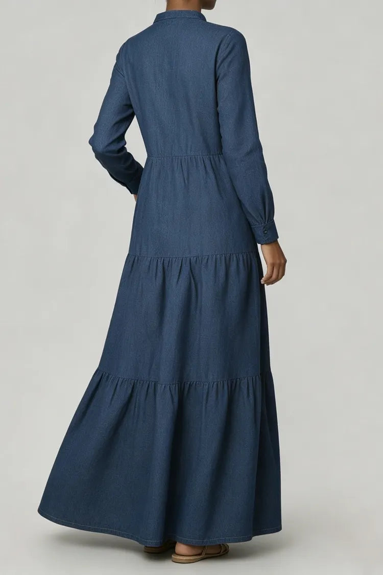 Single-breasted denim maxi dress, flowing tiered skirt and long sleeves | Alba Muse