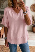 Short sleeve raw hem linen blend top in white, casual relaxed style | Alba Muse