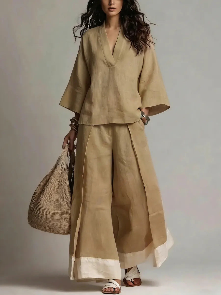 Linen V-neck co-ord set with wide leg trousers, side view