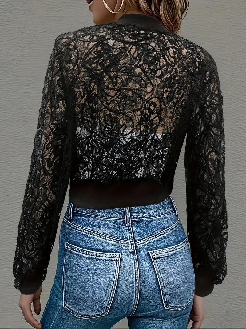 Women's spring lace bomber jacket in black colourway, front view