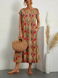 Women's Floral Cotton Linen A-Line Midi Dress front view - Casual Summer Wedding Guest Midi Dress