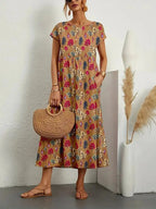Women's Floral Cotton Linen A-Line Midi Dress front view - Casual Summer Wedding Guest Midi Dress