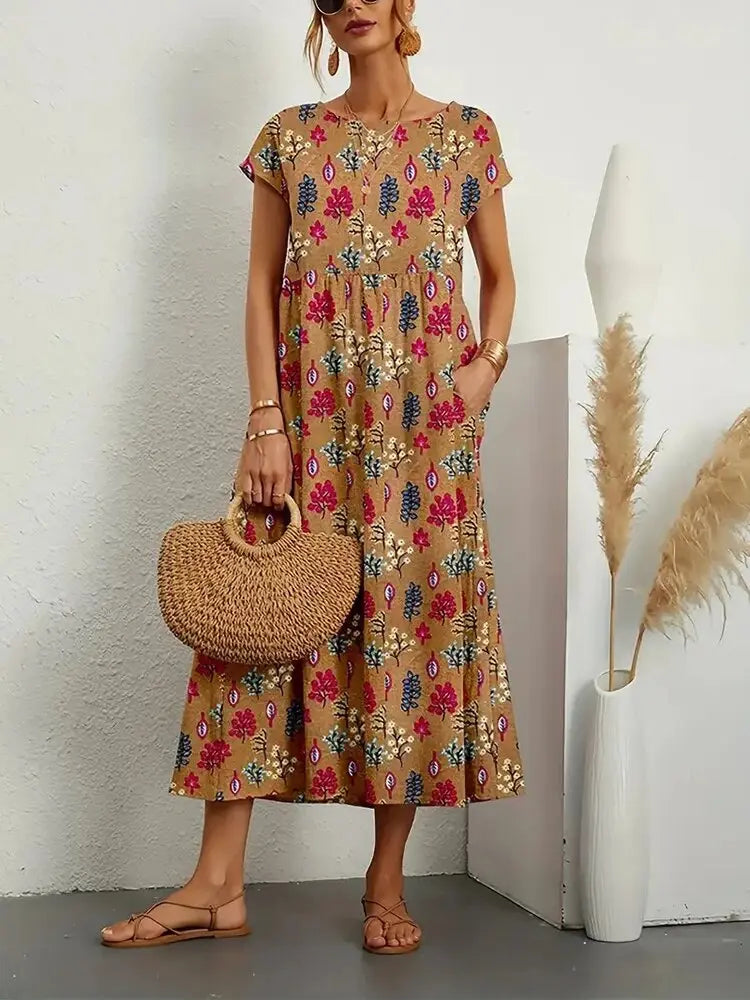 Women's Floral Cotton Linen A-Line Midi Dress front view - Casual Summer Wedding Guest Midi Dress