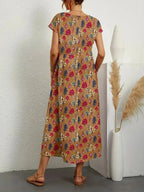 Women's Floral Cotton Linen A-Line Midi Dress side view - Casual Summer Wedding Guest Midi Dress