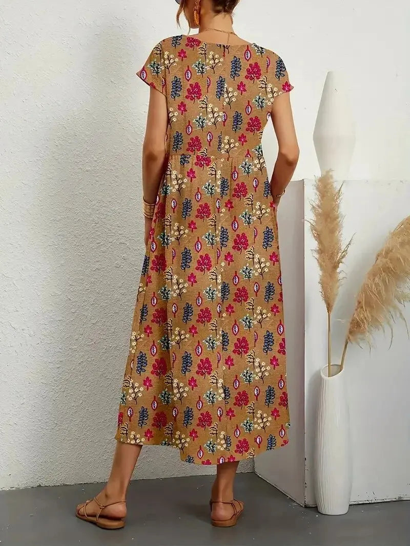 Women's Floral Cotton Linen A-Line Midi Dress side view - Casual Summer Wedding Guest Midi Dress