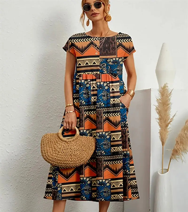 Women's Floral Cotton Linen A-Line Midi Dress back view - Casual Summer Wedding Guest Midi Dress