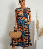 Women's Floral Cotton Linen A-Line Midi Dress back view - Casual Summer Wedding Guest Midi Dress
