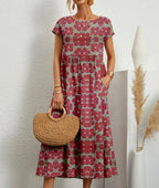 Women's Floral Cotton Linen A-Line Midi Dress close-up - Casual Summer Wedding Guest Midi Dress