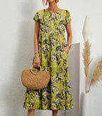 Women's Floral Cotton Linen A-Line Midi Dress worn view - Casual Summer Wedding Guest Midi Dress