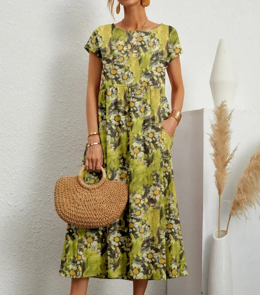 Women's Floral Cotton Linen A-Line Midi Dress worn view - Casual Summer Wedding Guest Midi Dress