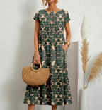 Women's Floral Cotton Linen A-Line Midi Dress alternate angle - Casual Summer Wedding Guest Midi Dress