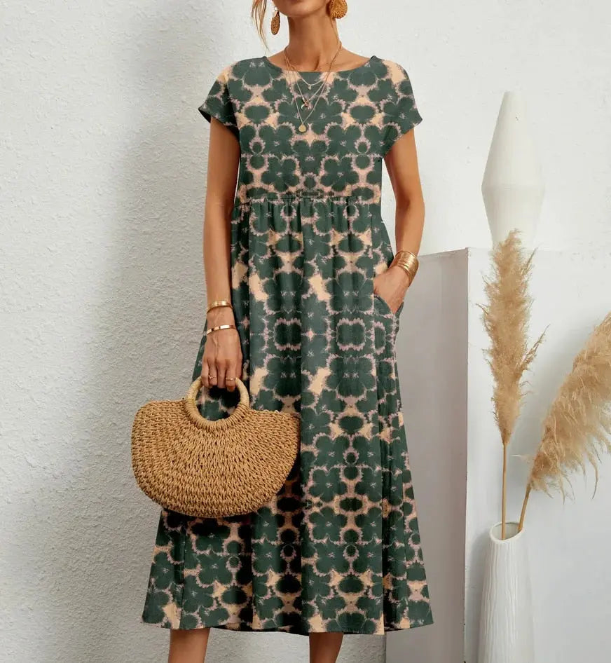 Women's Floral Cotton Linen A-Line Midi Dress alternate angle - Casual Summer Wedding Guest Midi Dress