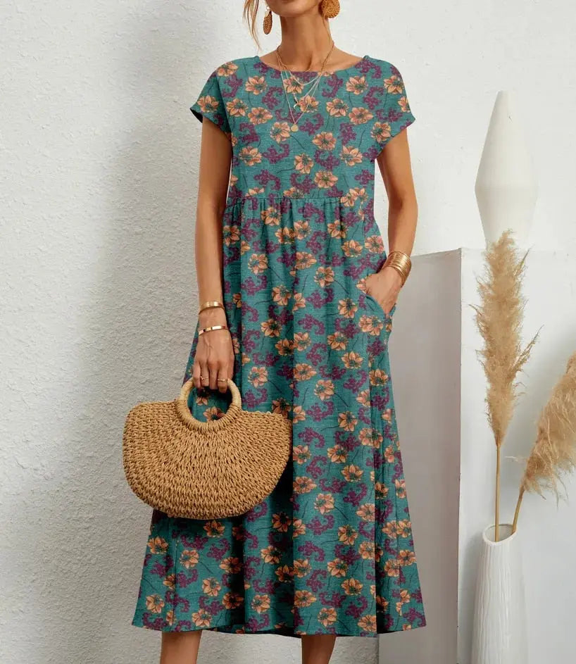 Women's Floral Cotton Linen A-Line Midi Dress full look - Casual Summer Wedding Guest Midi Dress