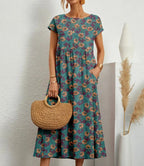 Women's Floral Cotton Linen A-Line Midi Dress full look - Casual Summer Wedding Guest Midi Dress