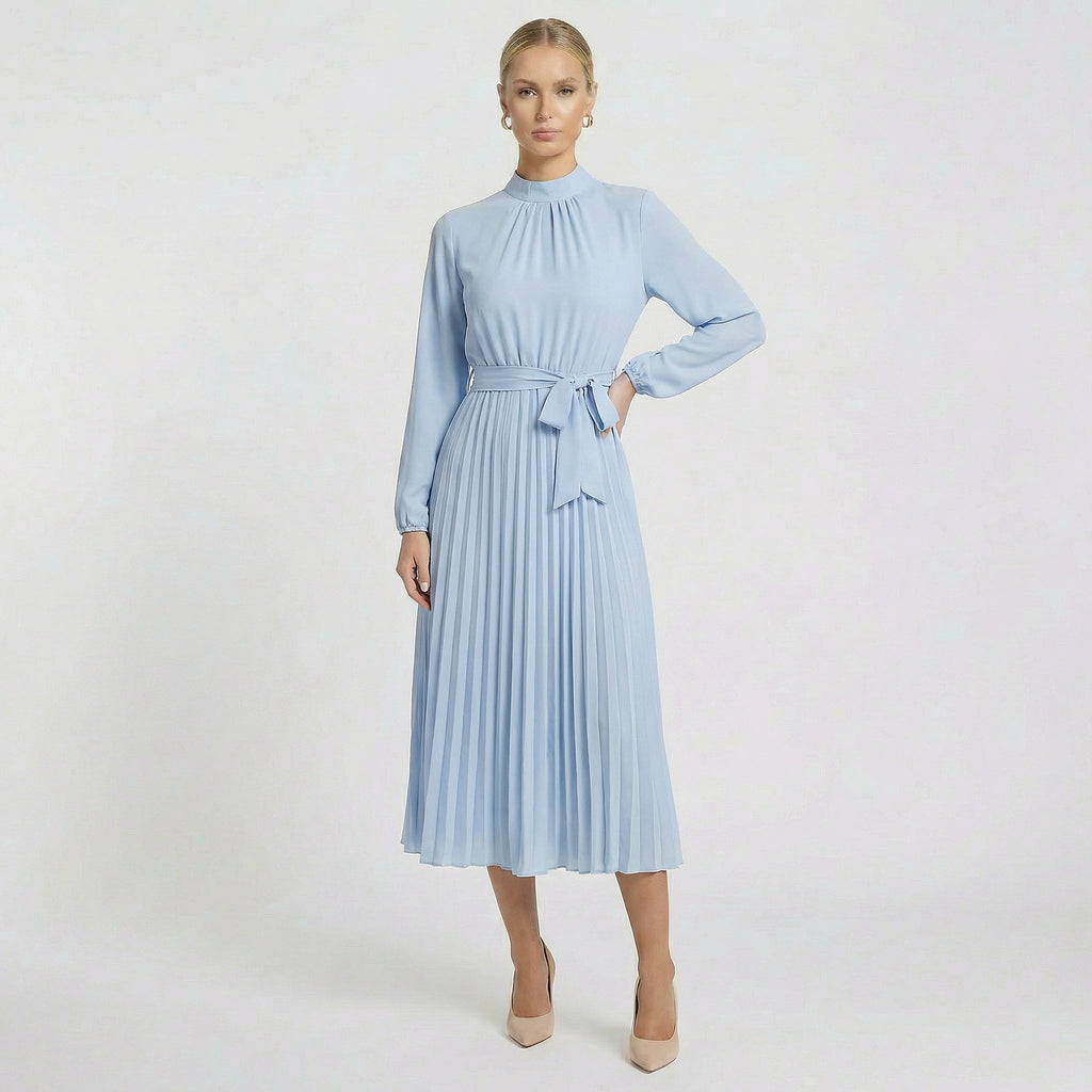 Acethetiq's | Women’s Long Sleeve Midi Dress Pleated Belted Slim Fit