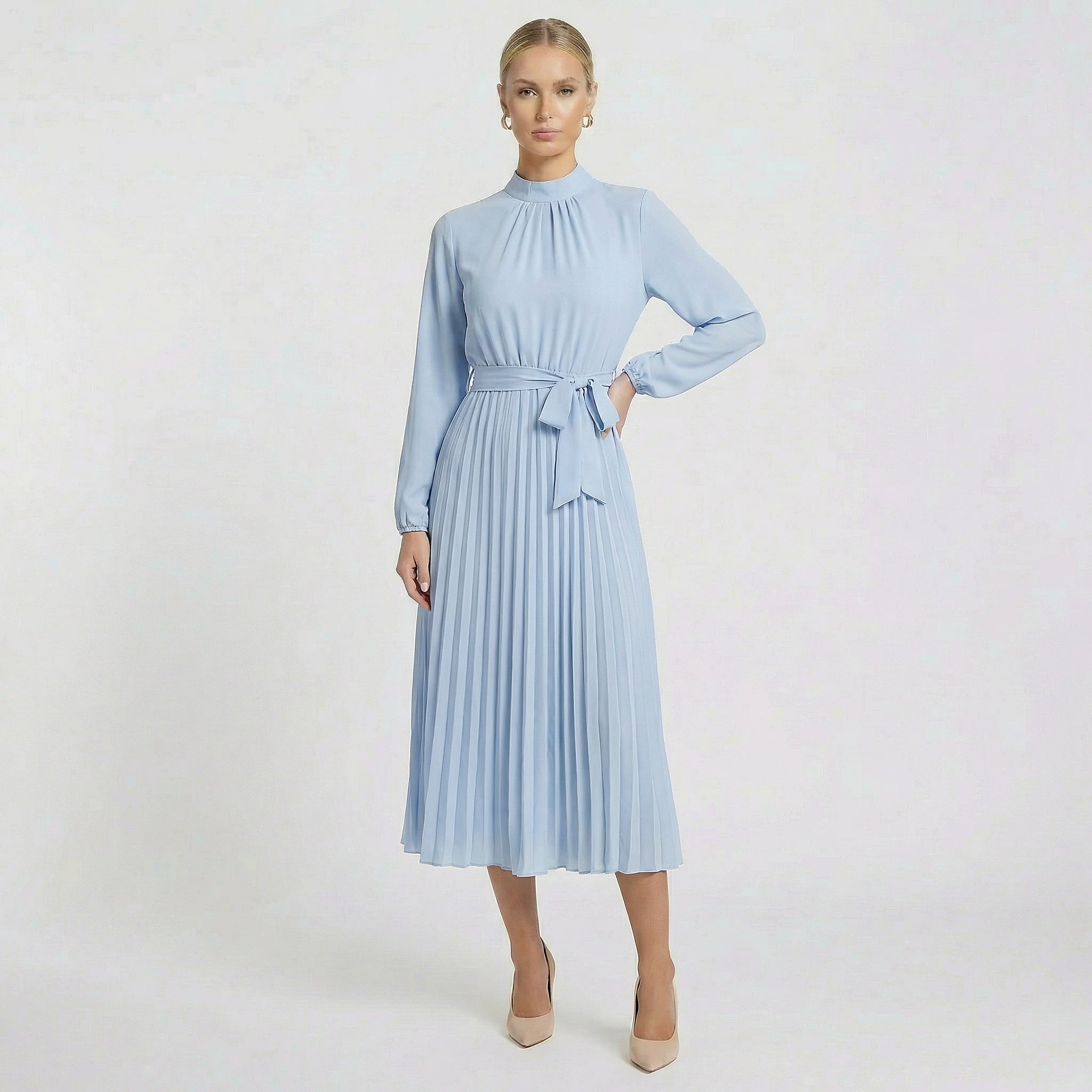Acethetiq's | Women’s Long Sleeve Midi Dress Pleated Belted Slim Fit
